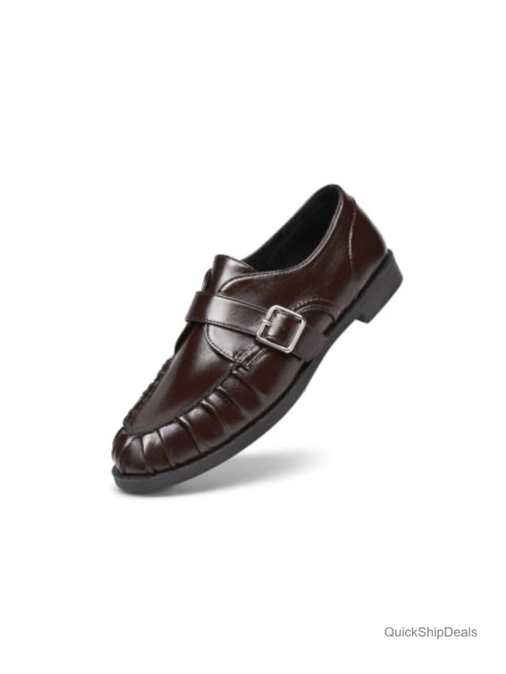 Womens Pleated Loafers Monk Strap Slip On Faux Leather Cushioned Low Heel